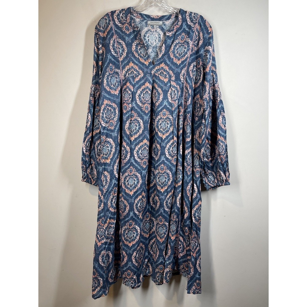 World‎ Market Bohemian Bishop Sleeve Lace Trim Boho Flowy Dress Sz S/M Damask